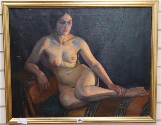 Frederick W. Schmidt (fl.1905-30), oil on canvas, Contemplation - nude by fireside, signed, 60 x 75cm